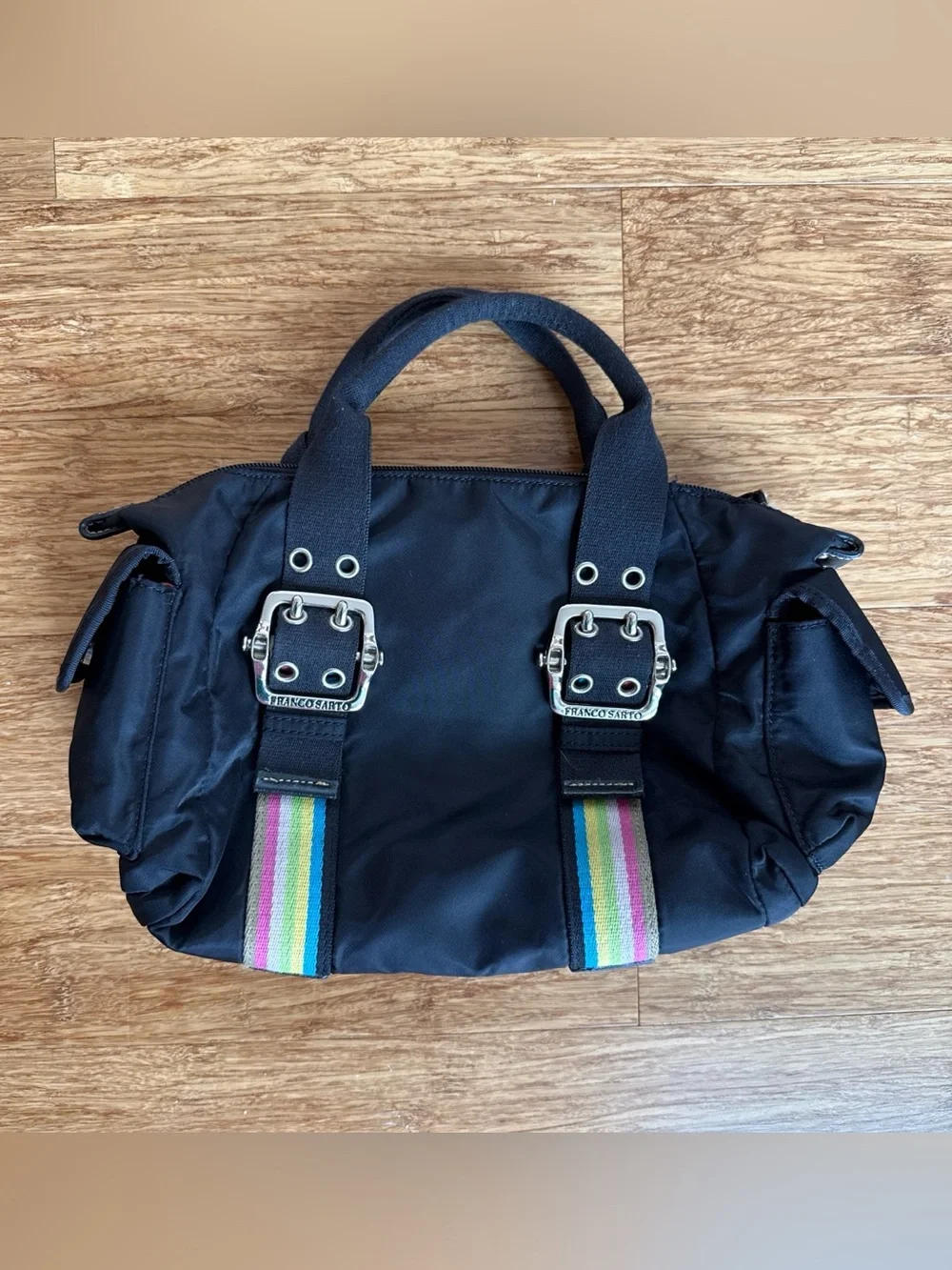 Franco sarto baguette Black Women's Satchel Bag with Rainbow Stripe Accents